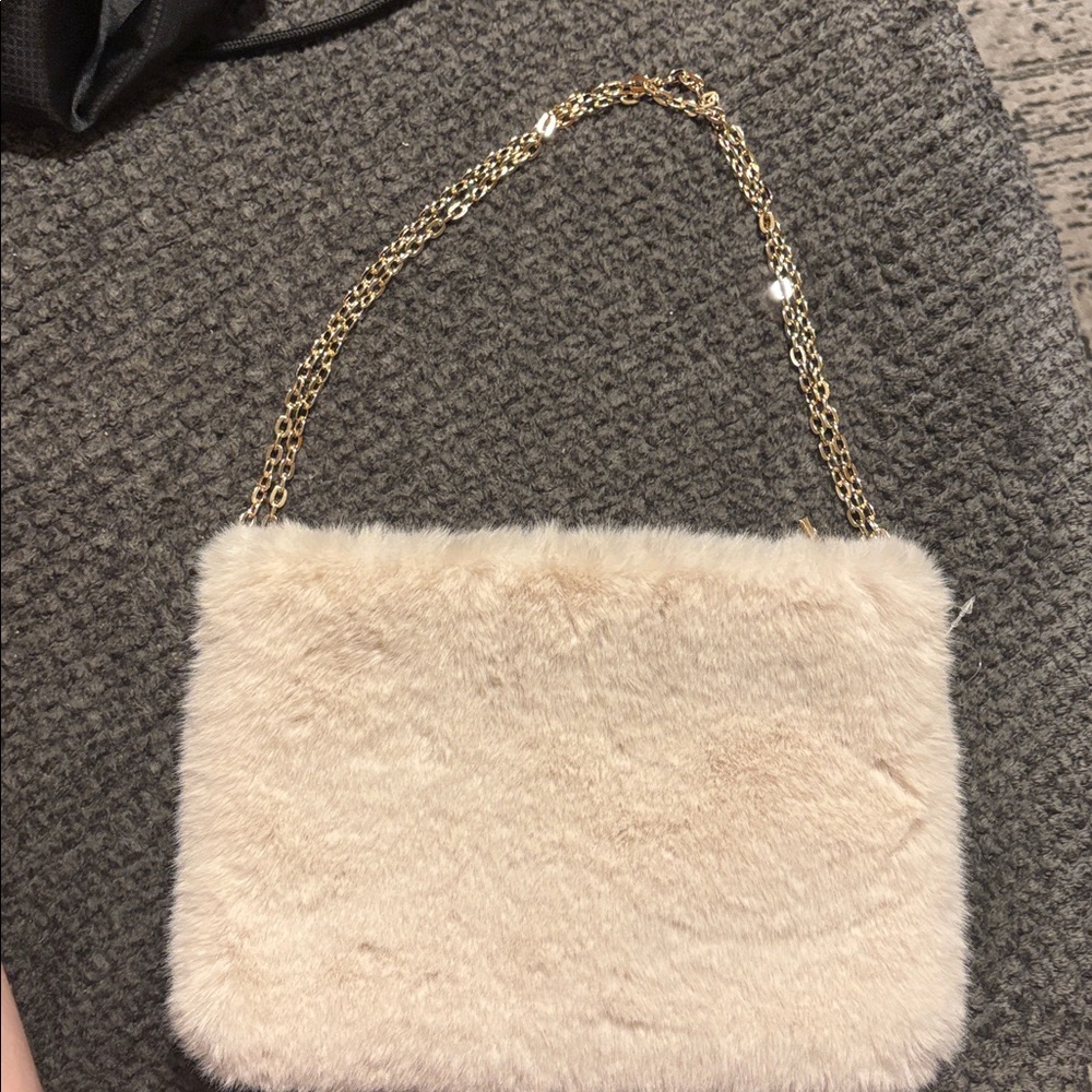 Faux Fur Beige Handbag with Gold Chain